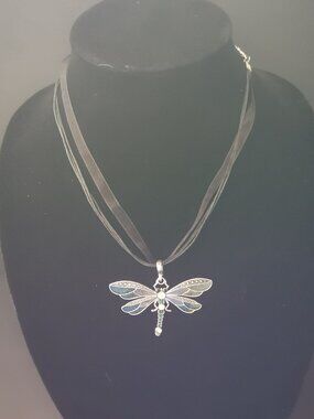 Dragonfly Dark Green w/ Silver Tone & Rhinestones Pendant Necklace Cord & Ribbon
